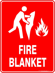 A red sign showing how to use a fire blanket