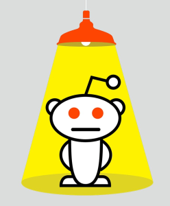 The reddit mascot standing under a lamp